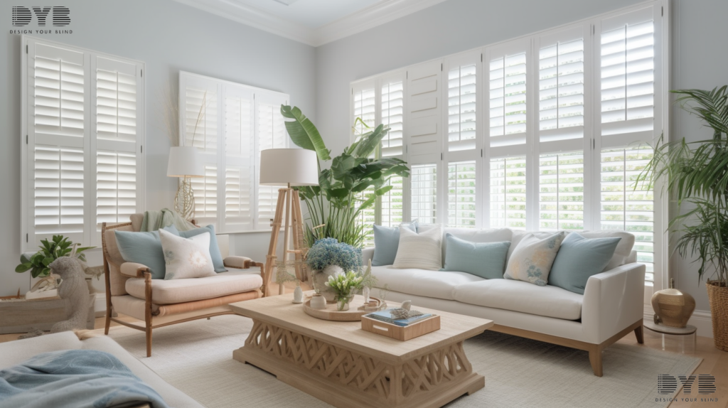 Plantation Shutters in a Boynton Beach living room, allowing soft light to stream through.