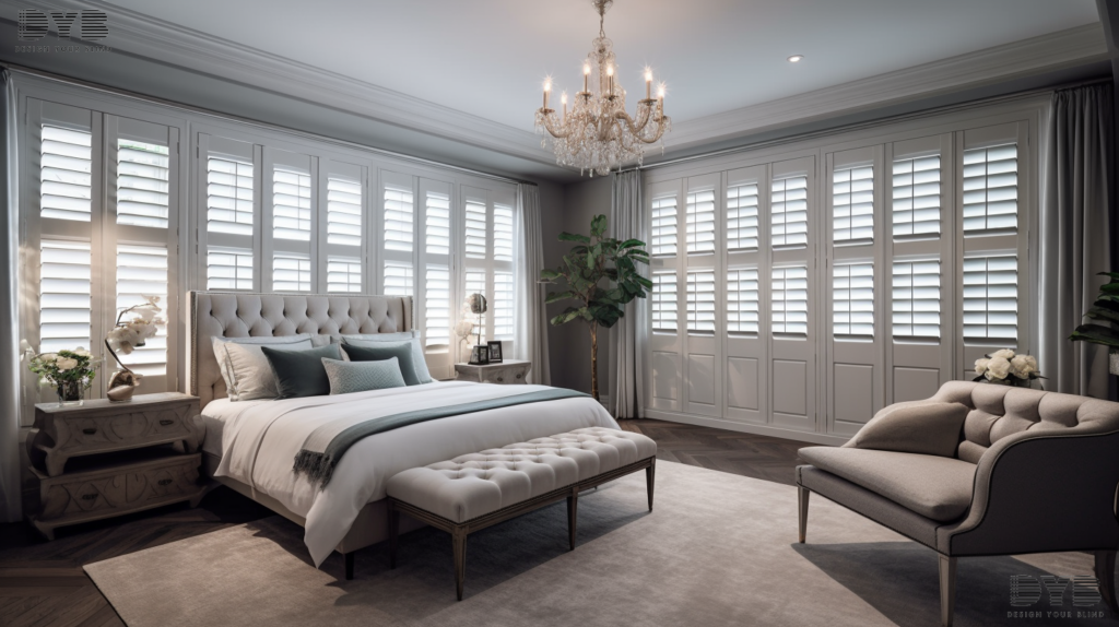 Plantation Shutters in a Boynton Beach master bedroom, creating a dark and peaceful ambiance.