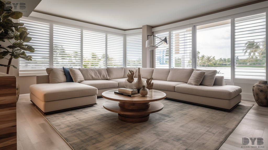 Coastal dining room with Woven Wood Shades overlooking a lake in Lighthouse Point, Florida.