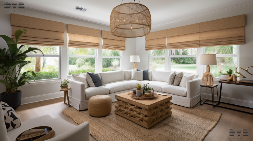 A living room in Palm Beach Gardens, FL with Woven Wood Roman Shades.