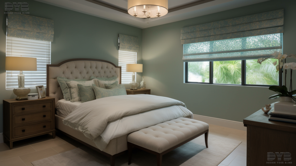 Boca Raton guest bedroom featuring a Transitional design with Screen Roller Shades, comfortable Bernhardt furniture, and a view of a tranquil backyard, creating a serene and restful atmosphere.