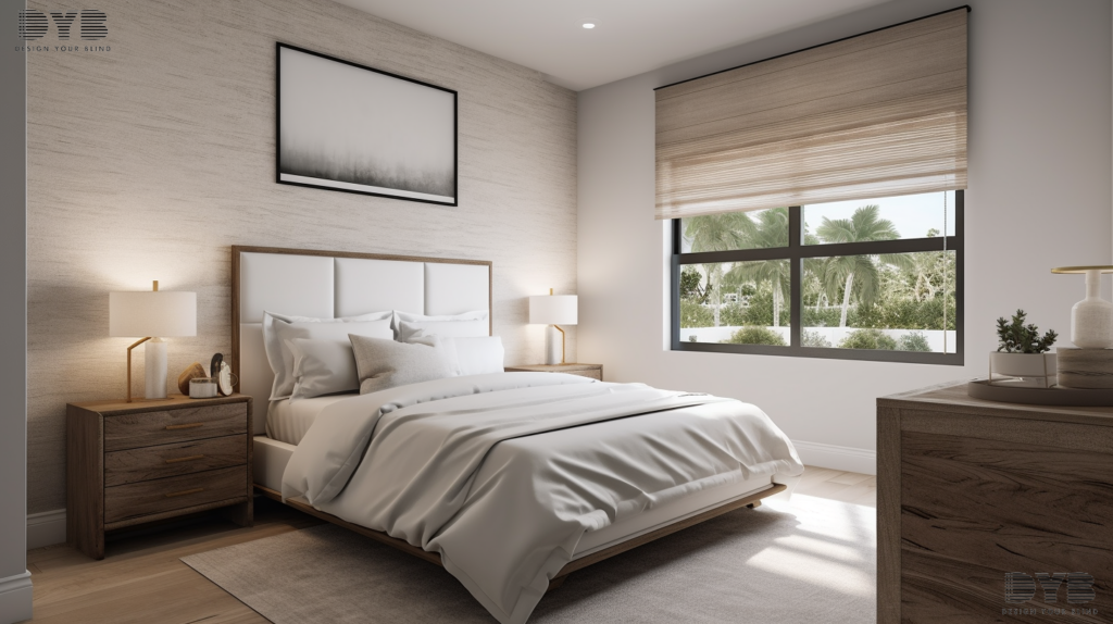 Farmhouse Modern guest bedroom with Silhouette Shades in Lighthouse Point, Florida.