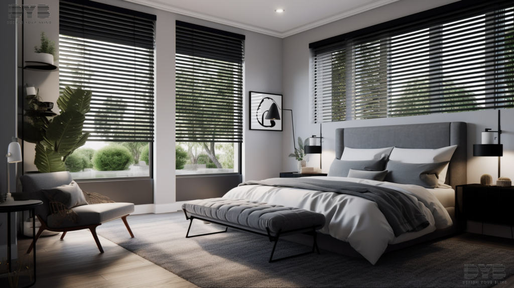 Aluminum blinds in a contemporary bedroom in Highland Beach, FL.