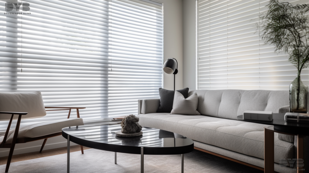 Aluminum blinds in a modern living room in Highland Beach, FL.