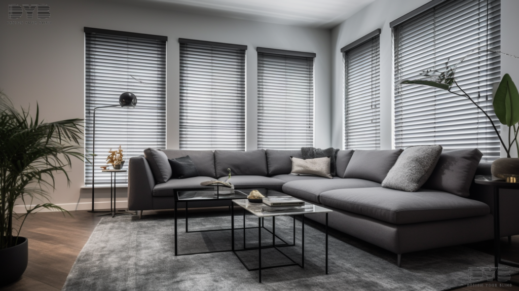 Aluminum blinds in a modern living room in Highland Beach, FL.