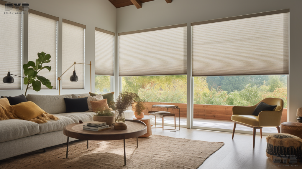 Honeycomb shades in a farmhouse modern living room with Intercoastal Waterway views
