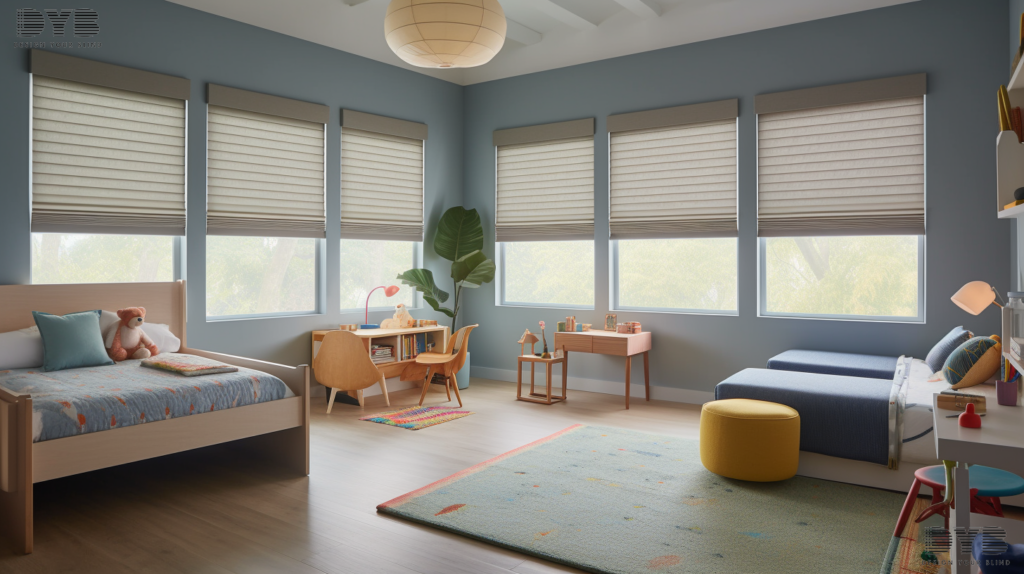 Honeycomb shades in a farmhouse modern kids bedroom with a lake view