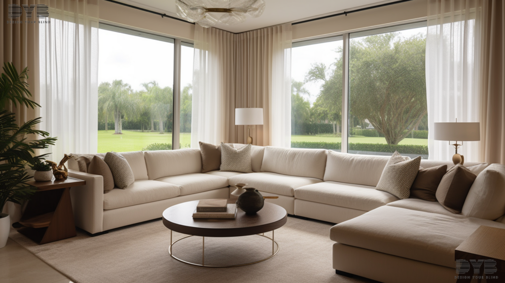 Family room with Sheer Curtains overlooking a golf course in Lighthouse Point, Florida.