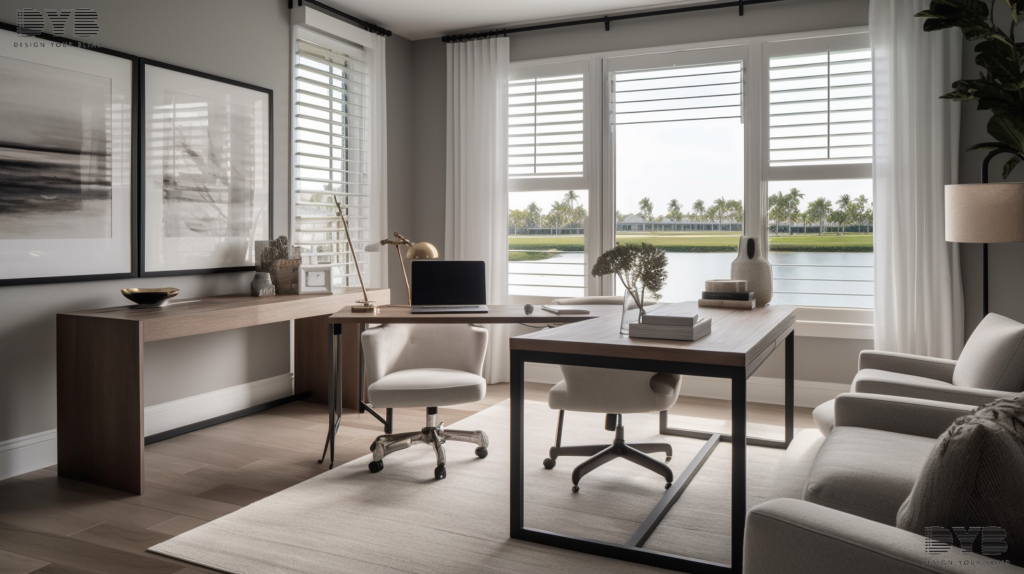 Modern home office with Plantation Shutters in Lighthouse Point, Florida.