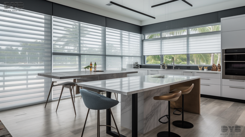 Modern kitchen with Solar Roller Shades overlooking a lake in Lighthouse Point, Florida.