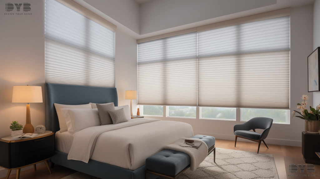 A bedroom in Palm Beach Gardens, FL with blackout Hunter Douglas Honeycomb Shades.