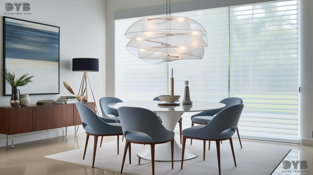 A dining room in Palm Beach Gardens, FL with Designer Banded Shades.