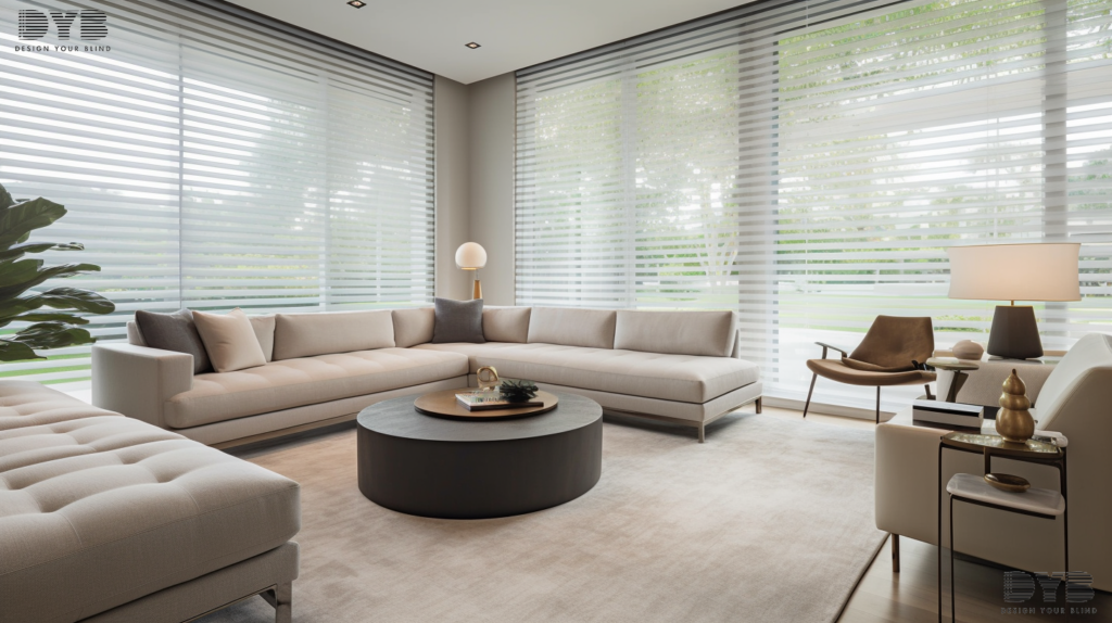 A living room in Palm Beach Gardens, FL with Hunter Douglas Silhouette Shades.