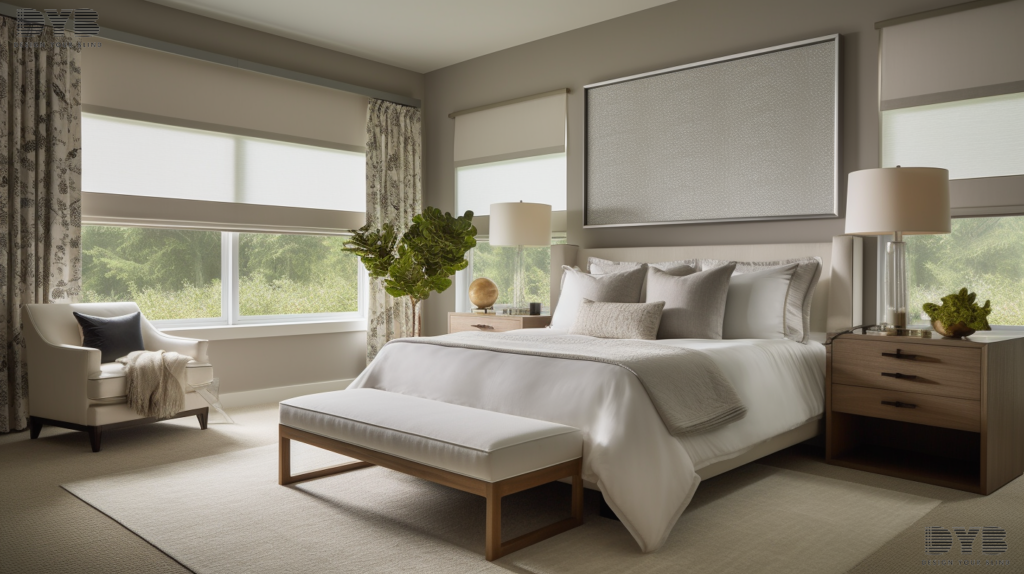 A master bedroom in Palm Beach Gardens, FL with motorized Solar Shades.