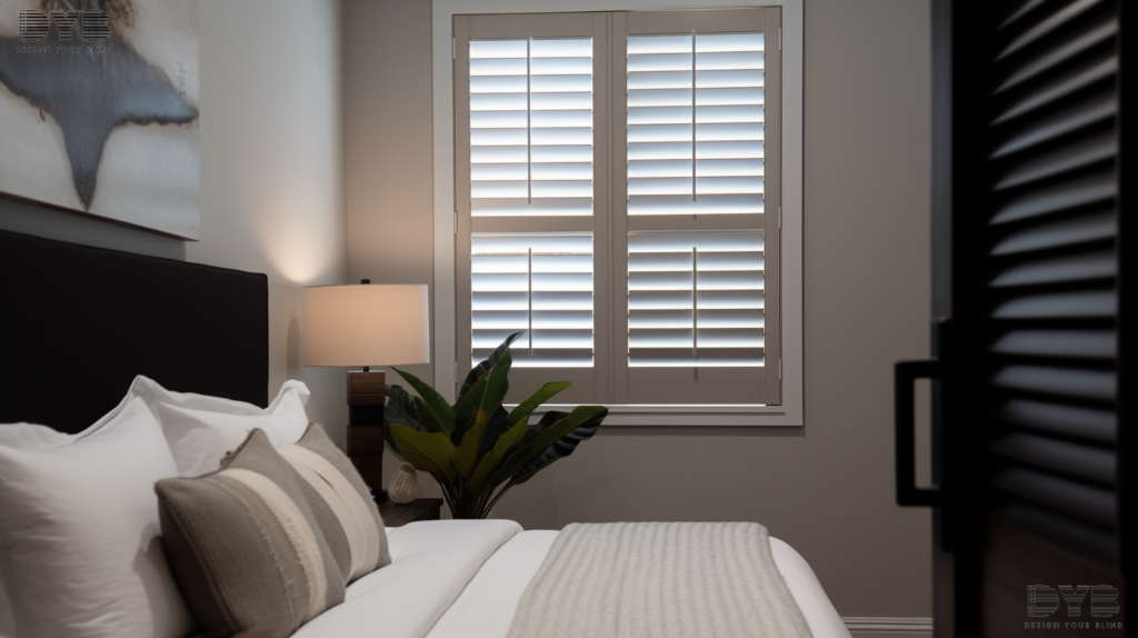 Plantation Shutters in a Boynton Beach bedroom, creating a dark and private ambiance.