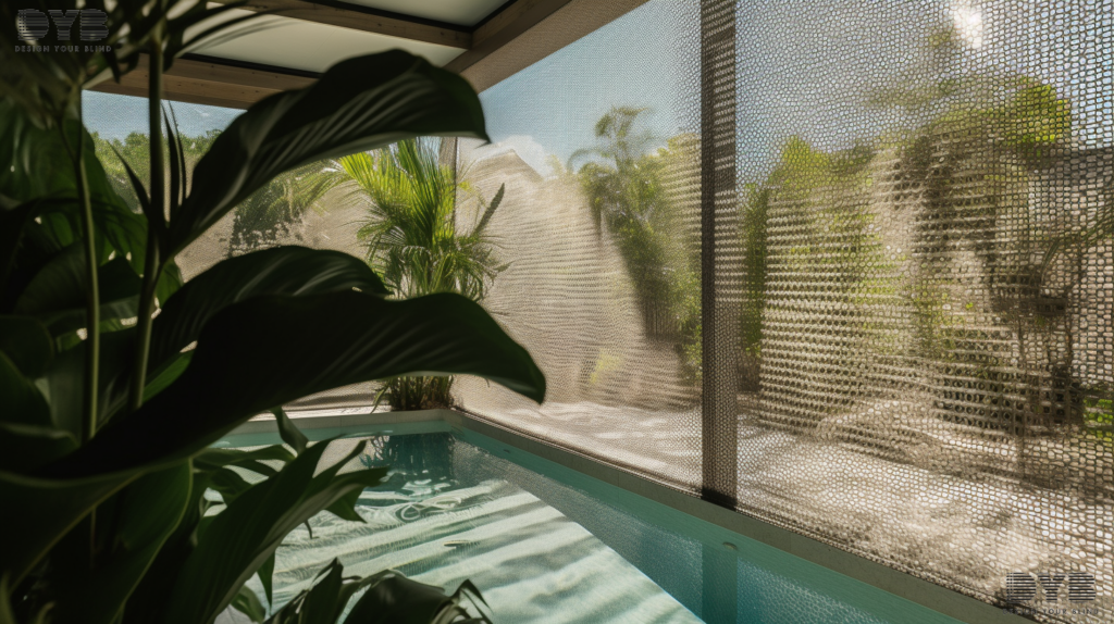 Close-up shot of a window with Screen Shades in Boca Raton, showcasing the filtered sunlight and a view of a backyard with a pool.