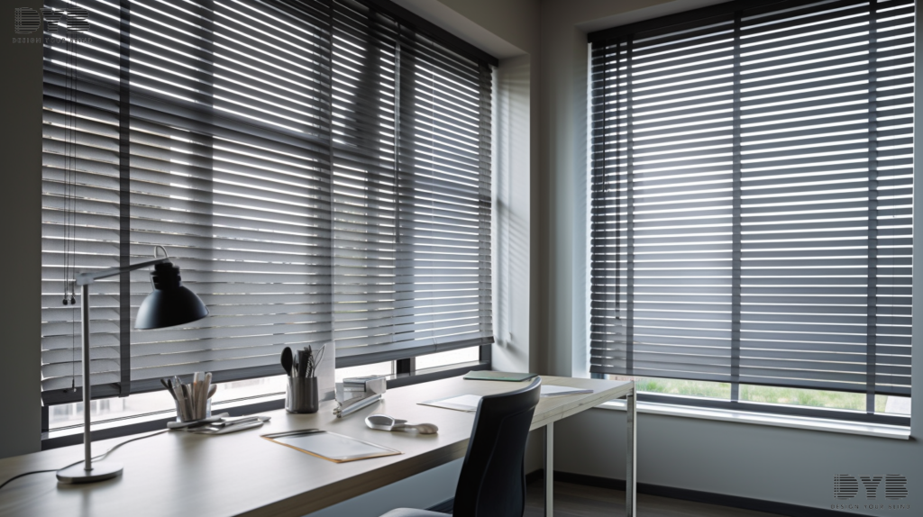 Aluminum blinds in a Boca Raton, Florida, home office.
