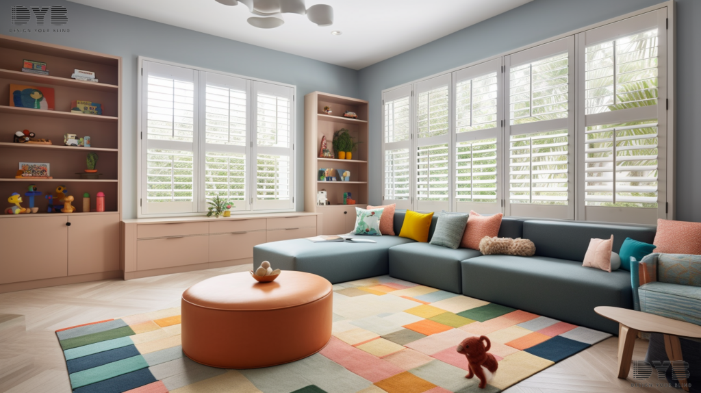 A playroom with Screen Roller Shades in Boca Raton, Florida, featuring furniture from Crate & Barrel, a large colorful rug, and a view of the garden.