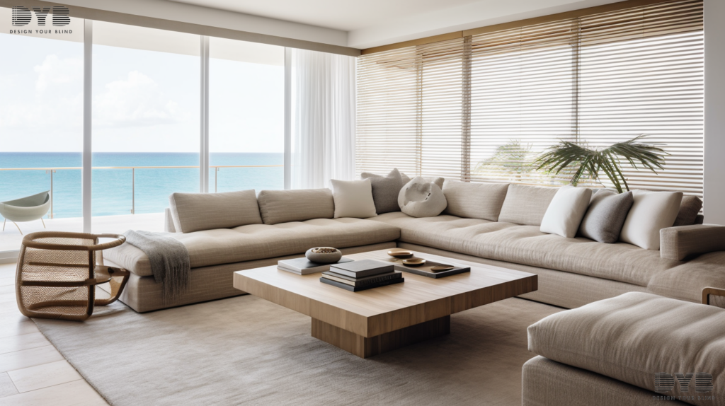 Aluminum blinds in a coastal family room in Highland Beach, Florida.