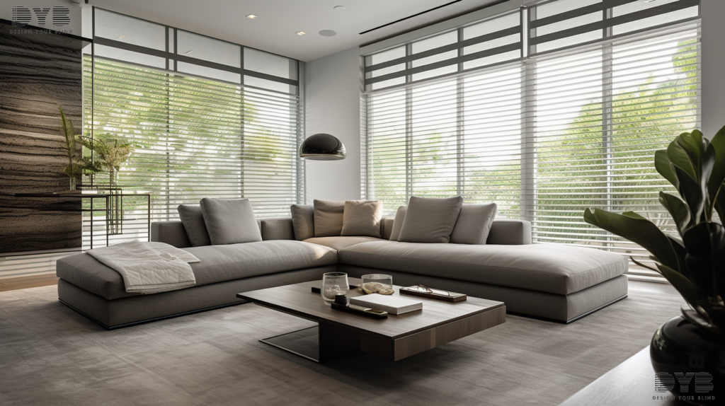 Modern living room with aluminum blinds in Delray Beach, Florida.