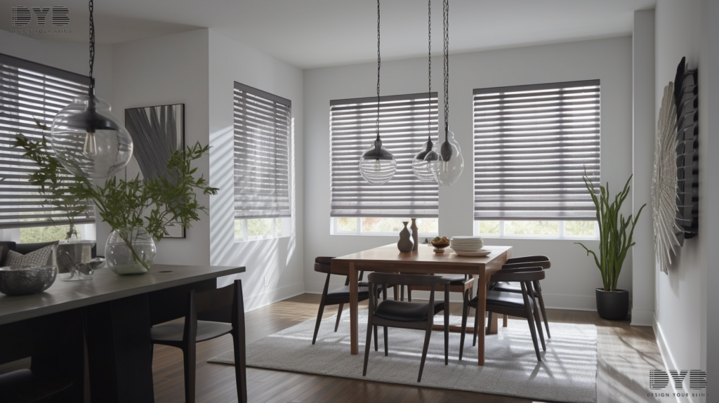 Stylish dining room in West Palm Beach, Florida, featuring Fauxwood Blinds, a stylish and functional window treatment.