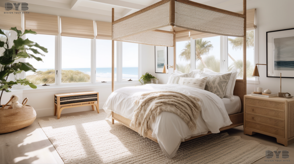 A bedroom with partially closed bamboo shades in Highland Beach, Florida.