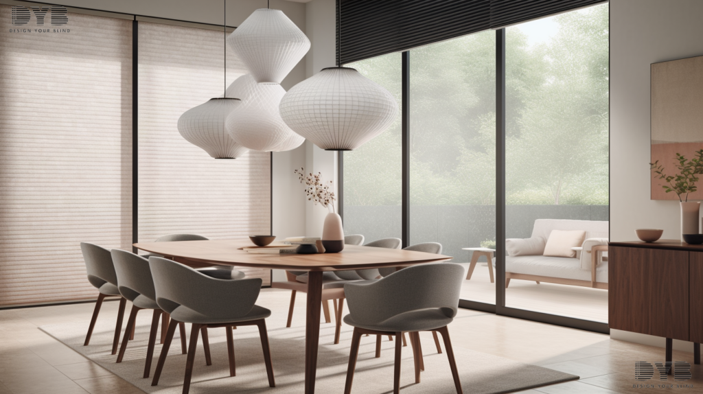 A close-up shot of a window with Cellular Shades in a casual dining room in Parkland, Florida, allowing for soft, diffused light to filter through.