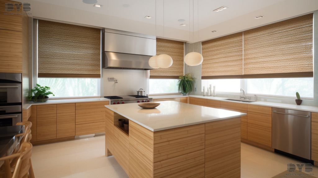 A modern kitchen with bamboo shades in Highland Beach, Florida.