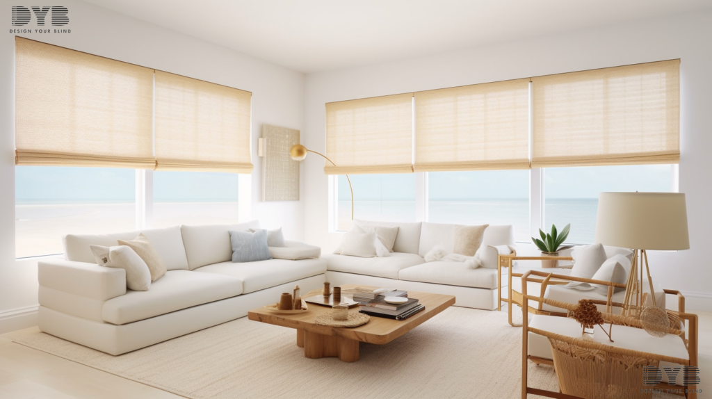 A living room with bamboo shades in Highland Beach, Florida.