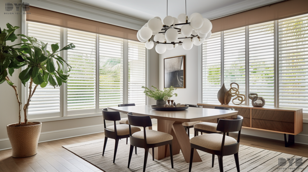 A Lighthouse Point dining room with Solar Shades, offering a blend of style and functionality.