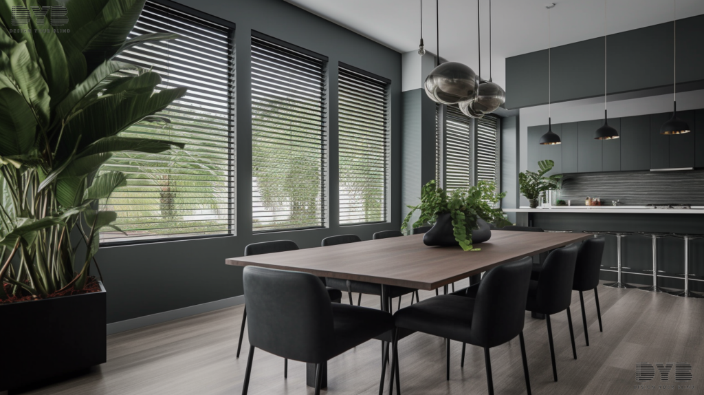 Aluminum blinds in a modern dining room in Boynton Beach, Florida.