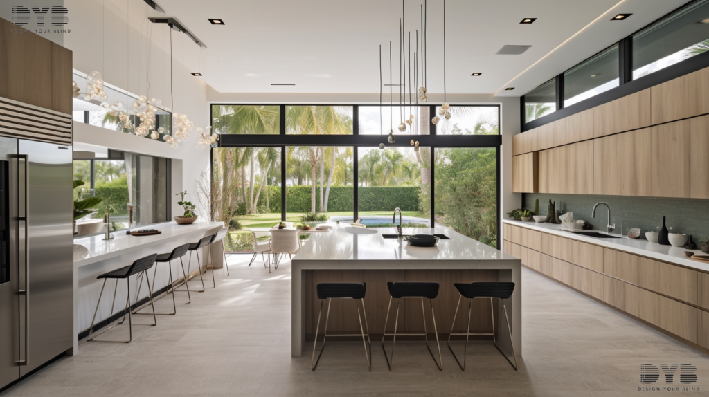 A modern kitchen in Boca Raton, Florida, featuring Screen Roller Shades, sleek cabinetry, a large island, and a view of the garden.
