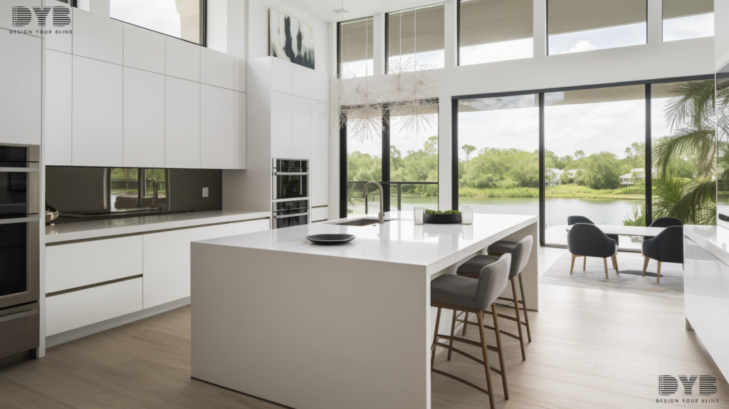A modern kitchen in Parkland, Florida, featuring a sleek, white kitchen island with a built-in breakfast bar, sleek, minimalist cabinets, and fully closed Cellular Shades, creating a serene and sophisticated ambiance.