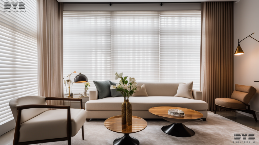 Fauxwood blinds and white curtains in a Palm Beach Gardens home, showcasing a plush white sofa and glass coffee table.