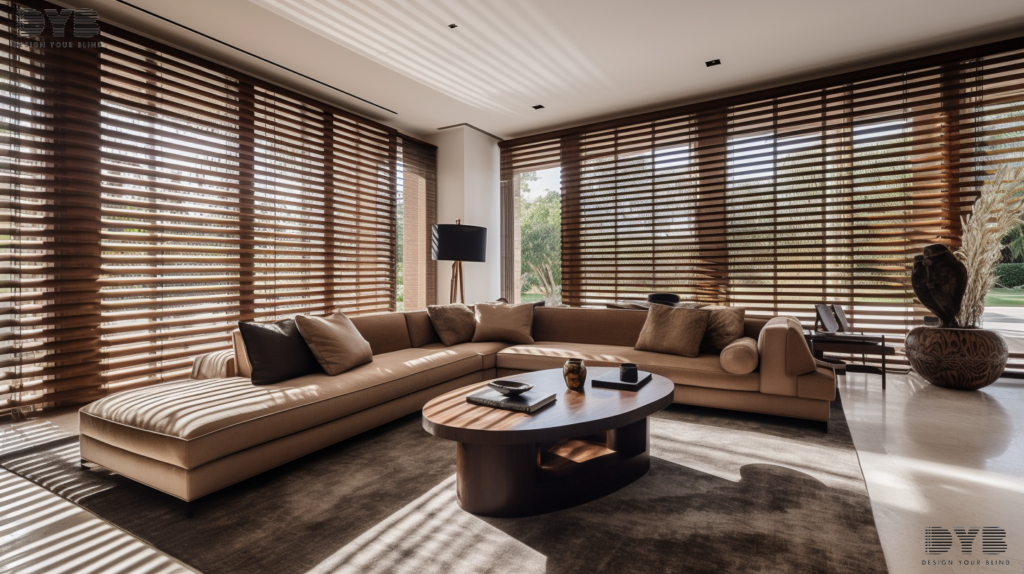 Wood blinds in a Palm Beach Gardens living room, showcasing a plush velvet sofa, glass coffee table, and contemporary sculpture.