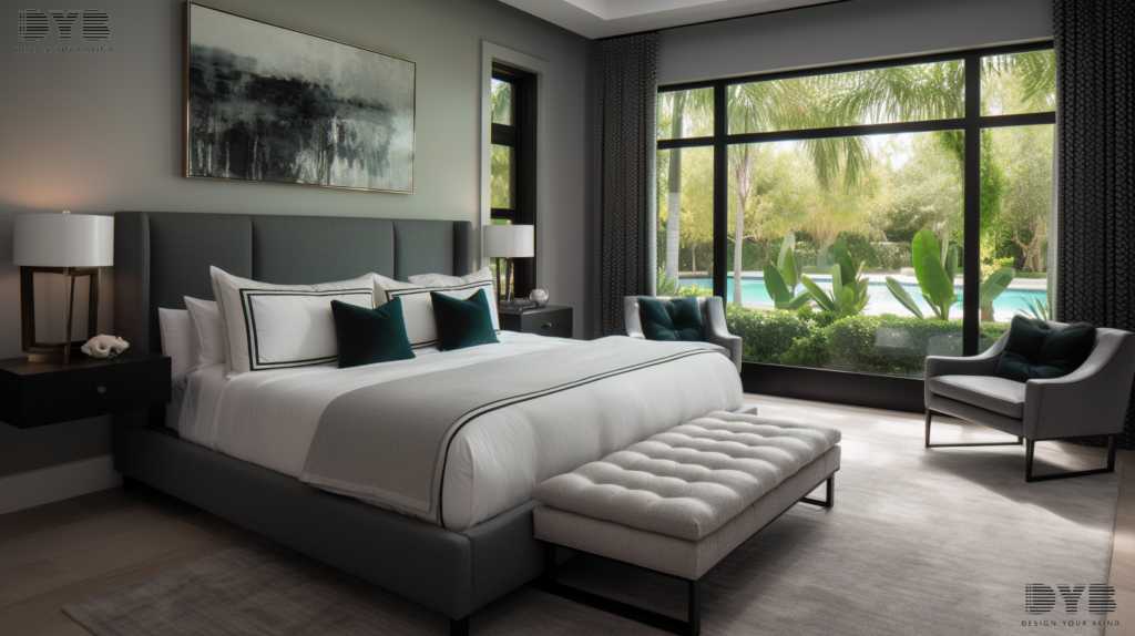 A luxurious bedroom in Parkland, Florida, with a plush king-sized bed, a sleek nightstand, and fully closed Cellular Shades, creating a sense of privacy and tranquility.
