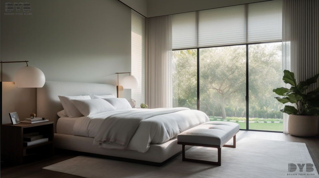 A guest bedroom in Parkland, Florida, with a large window overlooking a lush garden, featuring a partially closed set of Cellular Shades filtering the sunlight to create a calming atmosphere.