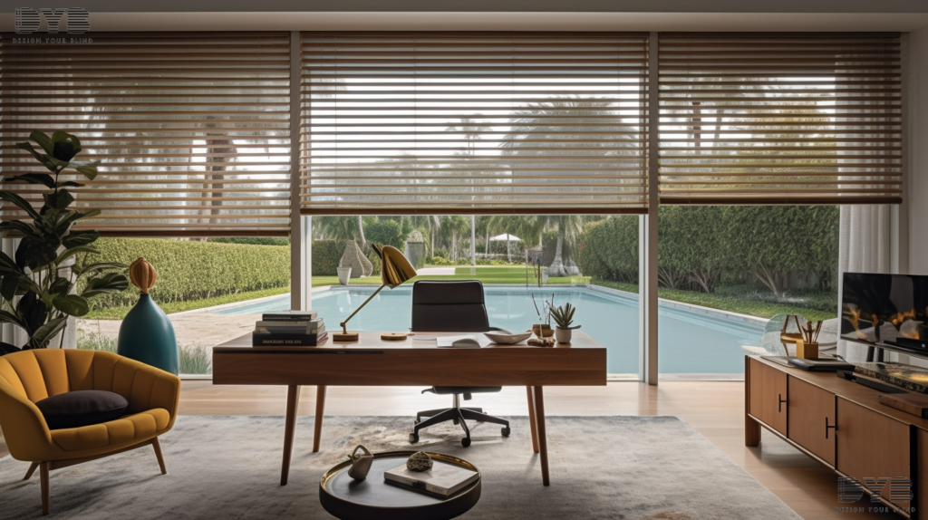 A Parkland, FL home office with Screen Roller Shades, offering a stylish and functional workspace