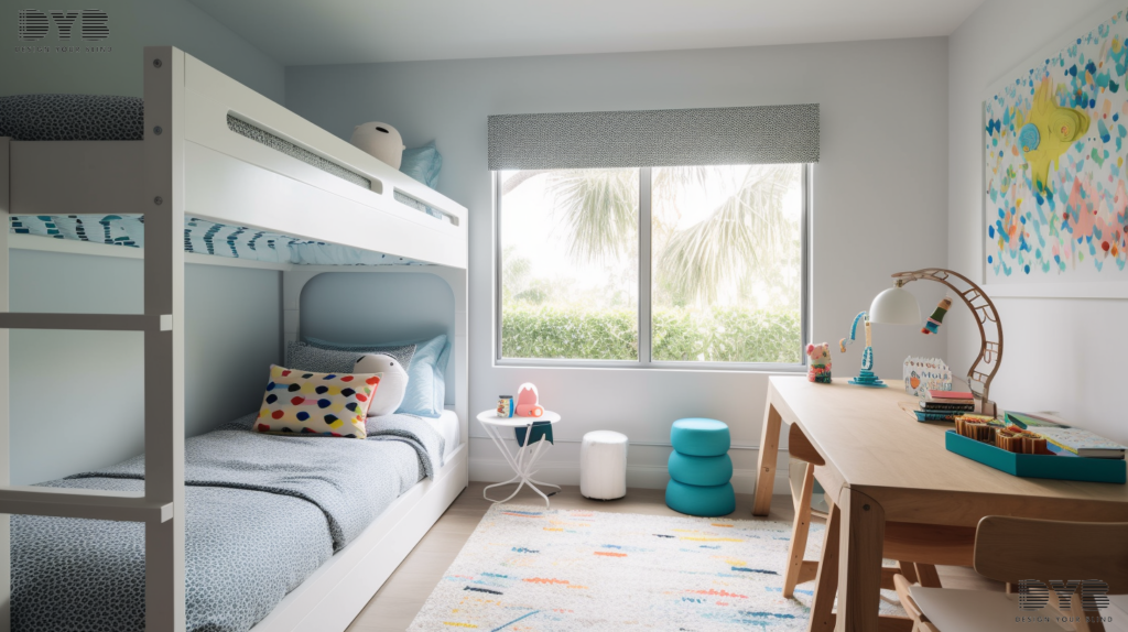A kids' bedroom in Parkland, Florida, with a cozy bunk bed, a window overlooking a backyard with a sparkling pool, and a set of Cellular Shades partially closed.