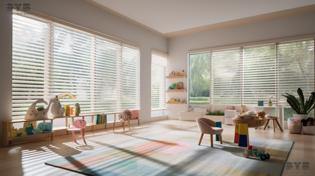 A Parkland, FL playroom with Screen Roller Shades, offering light control and a playful ambiance