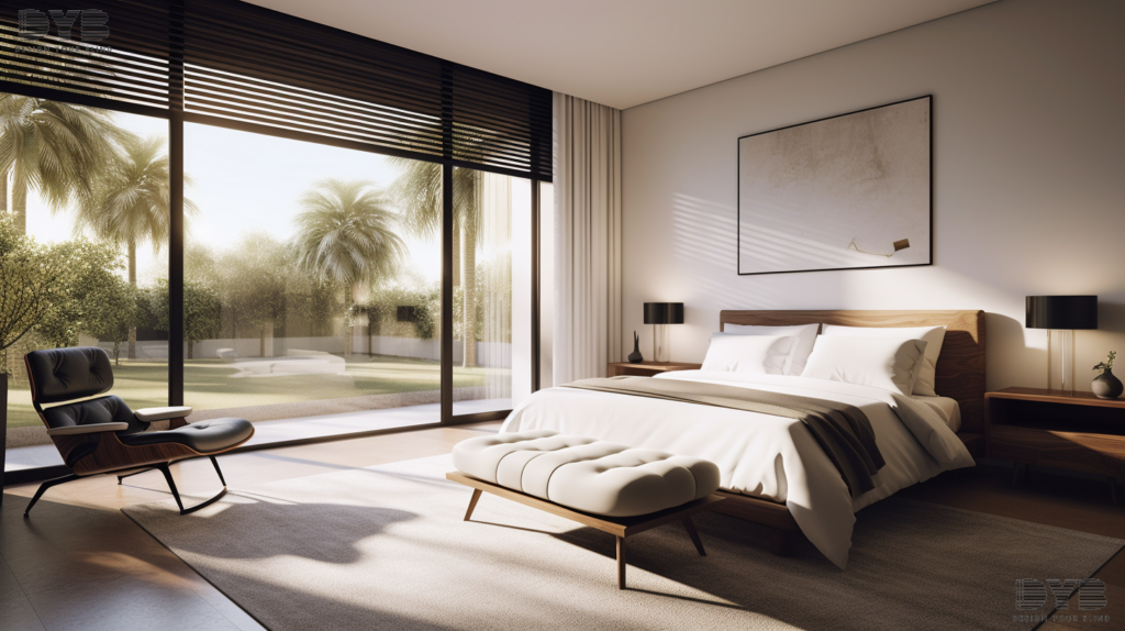 A minimalist bedroom in Boca Raton with Screen Roller Shades and Williams Sonoma furniture, featuring a king-sized bed, a comfortable armchair, and a view of a golf course.