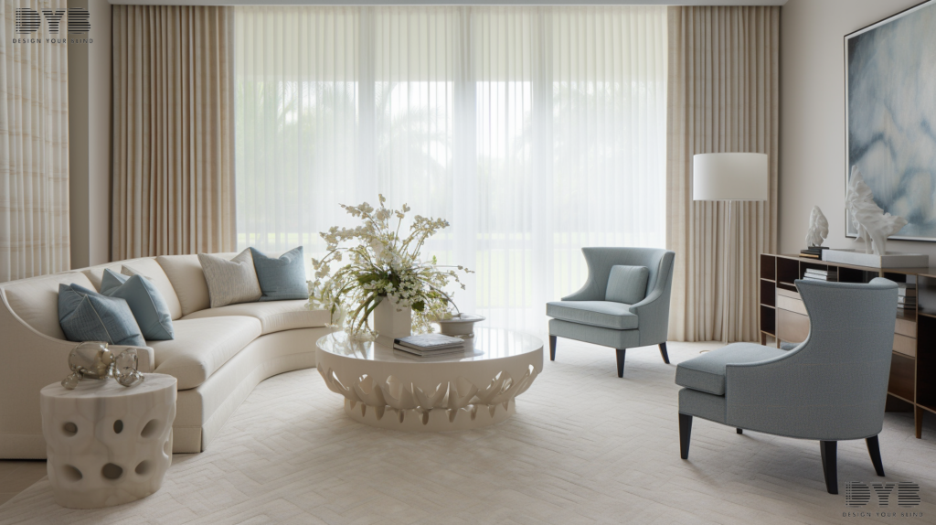 A formal living room in Boca Raton, Florida, with Screen Roller Shades, Ethan Allen furniture, and an ocean view.