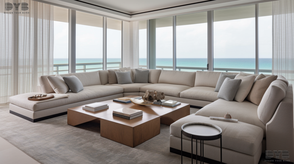 A family room in Boca Raton, Florida, with Screen Roller Shades, a Bernhardt sectional sofa, an ocean view, and a large abstract painting.