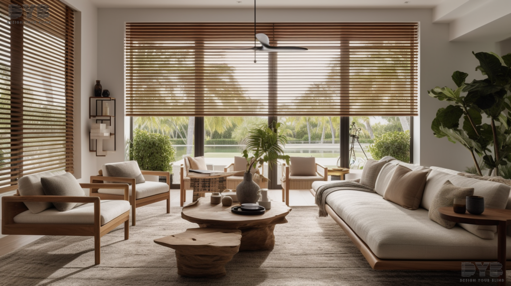 Spacious living room in West Palm Beach, Florida, featuring Wood Blinds, a stylish and functional window treatment.