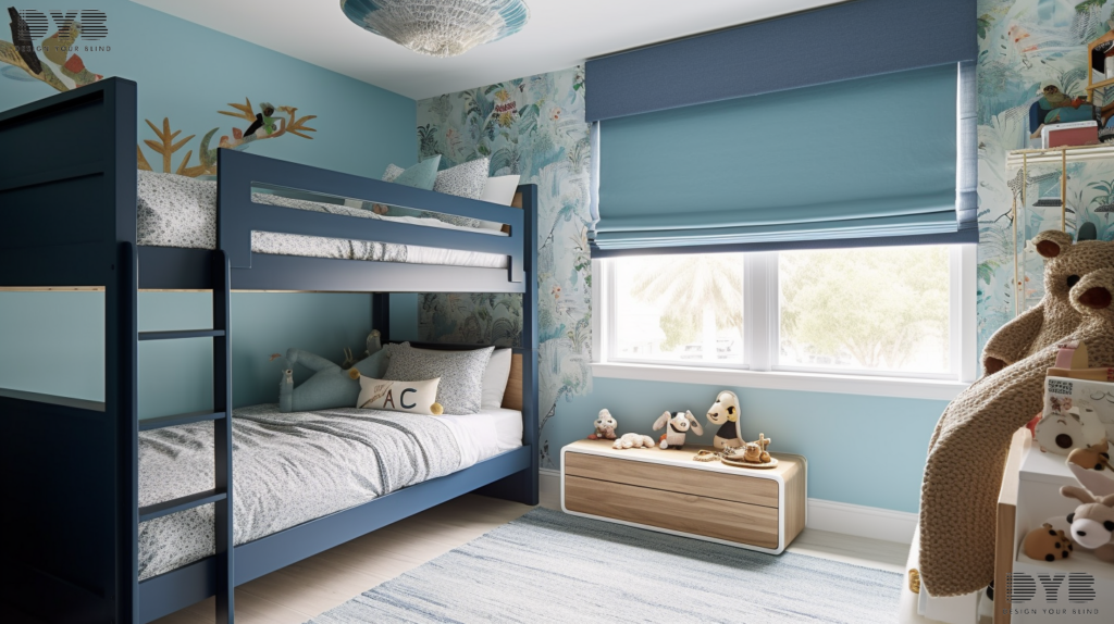 A sunny Kids Bedroom in Boca Raton, FL, decorated with a playful, coastal style. The room features a bunk bed with colorful bedding, a cheerful rug, and a whimsical wall mural. The window is adorned with a set of Roller Shades in a vibrant blue color. The shades are partially drawn, allowing for soft, filtered light to create a peaceful and calming atmosphere.