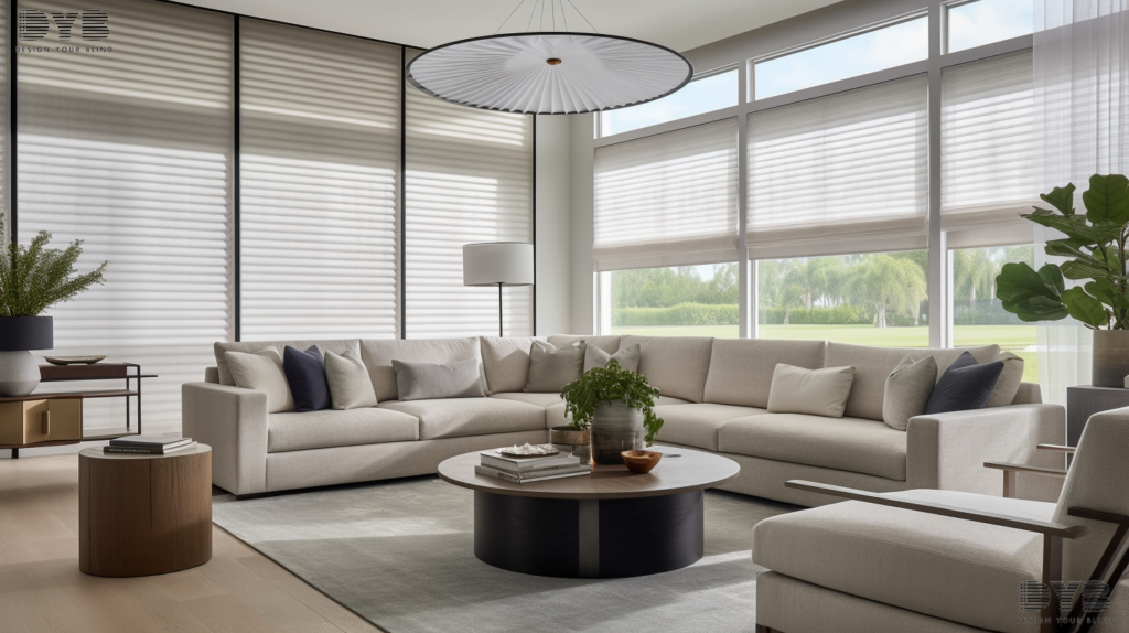 Formal living room in Boca Raton with Roller Shades, a Farmhouse Modern design with a cozy sectional sofa, plush armchair, and a side table with a lamp, all from Mitchell Gold + Bob Williams. The shade is partially closed, filtering the natural light and creating a warm, inviting atmosphere. The shade is the focal point of the image, showcasing the natural textures and tones of the fabric.