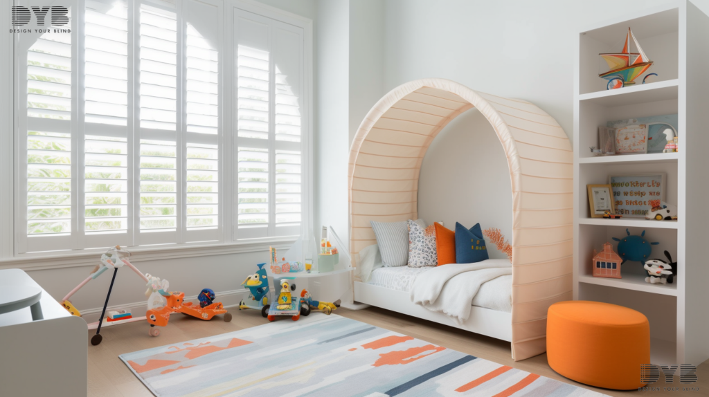 A kids' bedroom in Lighthouse Point, FL with Plantation Shutters overlooking a backyard. The furniture is from Arhaus.