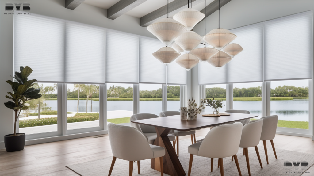 A dining room in Palm Beach Gardens, FL, featuring Cellular Shades and Farmhouse Modern furniture.