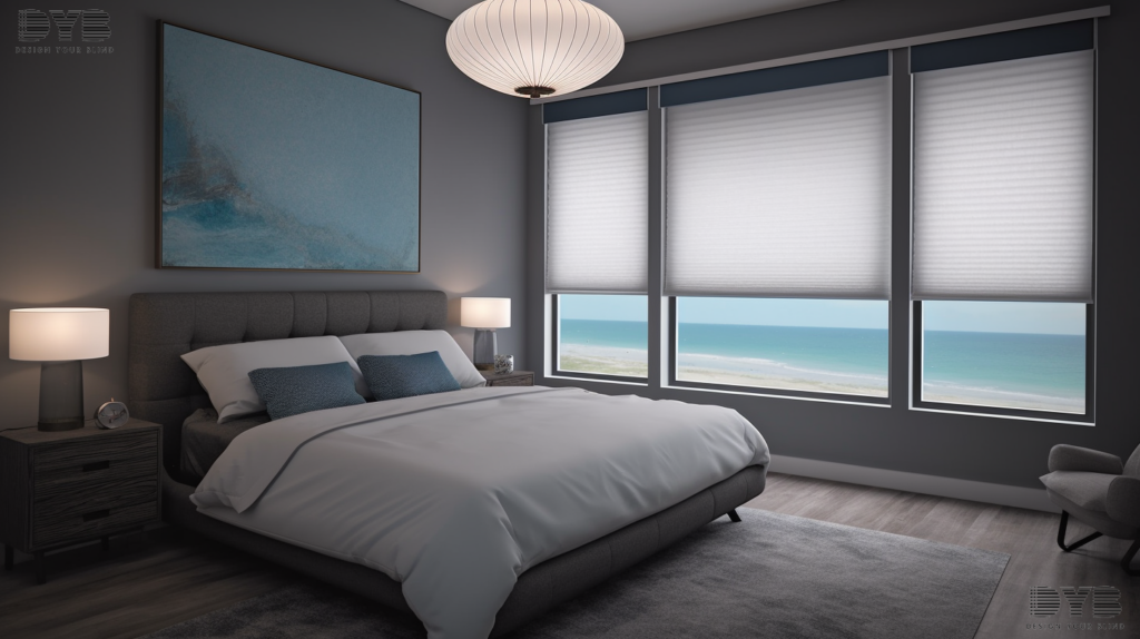 A Highland Beach bedroom with Blackout Cellular Shades, a king-sized bed with a plush headboard, a sleek nightstand with a modern lamp, and a large window overlooking the ocean.