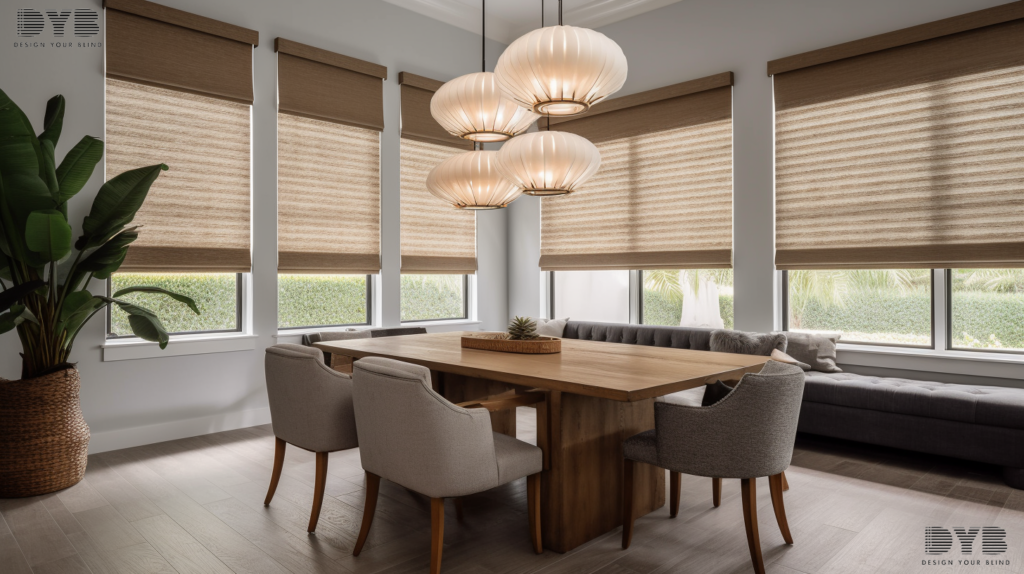 A spacious Highland Beach dining room featuring a large window with fully closed Cellular Shades, a rustic wood dining table, comfortable upholstered chairs, and a modern chandelier.